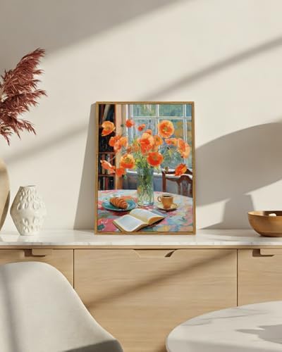 Vintage Framed Wall Art 12x16 Inch Floral Canvas Print with Poppy Flowers, Still Life Oil Painting Coffee Cup and Open Book Artwork, Aesthetic Living Room Bedroom Dining Room Farmhouse Decor Gift - Image 5