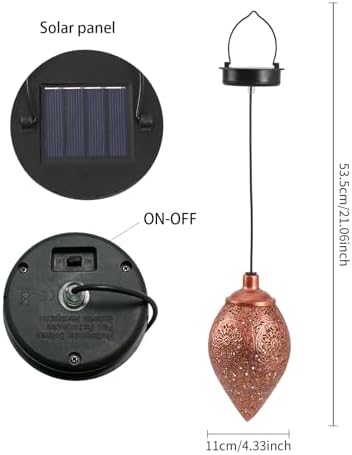 Solar Teardrop Hanging Lantern, Metal, Bronze, Solar Powered, Moroccan Floral Cutout, Outdoor Garden Decor (Copper) - Image 3