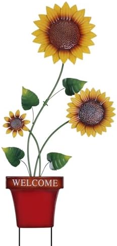 hogardeck Garden Decor for Outside, 39" Sunflower Pot Decorative Garden Stakes for Spring Outdoor Decor, Metal Yard Art Sunflower Welcome Sign for Porch Patio Lawn Pathway Backyard Decorations by HOGARDECK