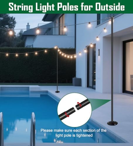 10ft String Light Pole for Hard Surfaces, Light Pole for Outdoor String Light, Perfect for Garden, Backyard, and Patio Lighting Stand for Parties, Wedding - Matte Black Finish - 1 Pack - Image 6