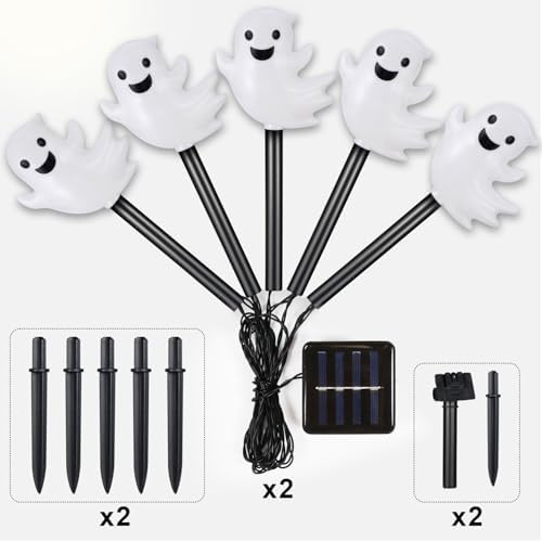 BRIGHTDECK Halloween Solar Pathway Lights Outdoor, LED Decor, Light Up Solar Stake Lights for Holiday, Halloween, Walkway, Sidewalk (Cold White Floating Ghost, 10-Pack) - Image 3