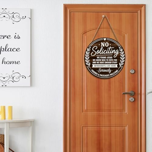 No Soliciting Sign for Front Door Funny Not Knocking Disturb Round Outdoor Hanging Wooden Door Sign for House No Soliciting Home Office Porch Wreath Hanger Sign for Outside Doorbell Wall 12"X12" - Image 7
