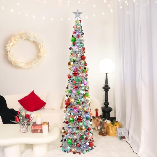 N&T NIETING Pop Up Christmas Tree with Lights, Collapsible Tinsel Xmas Tree Decorations, Pencil Christmas Tree Skinny Tree for Holiday Xmas Home Office Decor, 40 Balls, 6Ft, Silver - Image 2