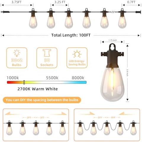 Zuske 100FT LED Outdoor String Lights with 30 Shatterproof Edison Bulbs, 2700K Commercial Grade IP65 Waterproof Patio Lights, Heavy Duty Outside Hanging Lights for Backyard, Balcony, Garden, Porch - Image 7