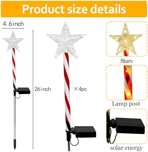 4 Pack Tangle-Free Installation Christmas Solar Pathway Lights Outdoor Decorations, 8 Modes Star Candy Garden Stake Lights Waterproof for Walkway Yard Lawn Porch Holiday Decor (Warm White) - Image 2