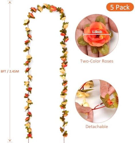 5 Pack 40 FT Artificial Flower Garland Fake Orange Roses Vines Silk Flowers - Image 3