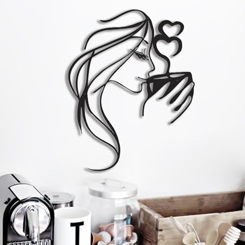 Coffee Metal Wall Art, 3D Woman Drinking Sculpture for Kitchen Decor, Black by LIYAOLI