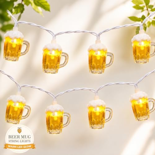 Beer String Lights Outdoor, 12.5FT Summer Decorative Camping String Lights with 10 3D Beer Mug Lights, Plug in Connectable Novelty Fairy Lights for Tropical Themed Wedding Bistro Bar Party Decor by Doratale