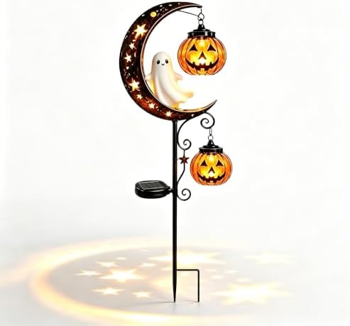 Solar Halloween Black Cat Garden Stake Light – Metal Crescent Moon & Pumpkin Lantern Yard Decor, Auto On/Off Waterproof LED Landscape Lighting for Patio Lawn Pathway (D) by Unknown