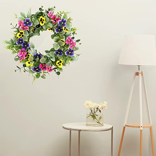 Artificial Spring Summer Wreath with Pansy Flowers,Flocked Lamb Ear Leaves,Eucalyptus Leaves,Fern Branches for Front Door Indoor Outdoor Farmhouse Wall Holiday Decor, White Gift Box Included - Image 2