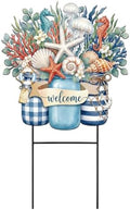 Amyhill Summer Outdoor Decor Coastal Garden Stake 25 Inch Metal Ocean Welcome Yard Sign with Seashell Starfish, Outdoor Nautical Decor for Patio Lawn Walkway Beach Themed Decorations by Amyhill