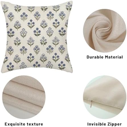Blue Green Pillow Covers 22x22 Inch 2 Pcs Block Print Vintage Floral Decor Throw Pillows Boho Flower Spring Summer Outdoor Seasonal Decoration Pillowcase Linen Cushion Cover for Couch Sofa - Image 7