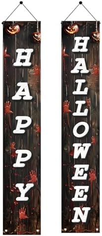 2PCS Halloween Porch Banner Decorations 71 x 12 Inch Happy Halloween Vertical Hanging Sign Scary Bloody Handprint Front Door Banner for Outdoor Haunted House Yard Party Wall Decor by Unknown