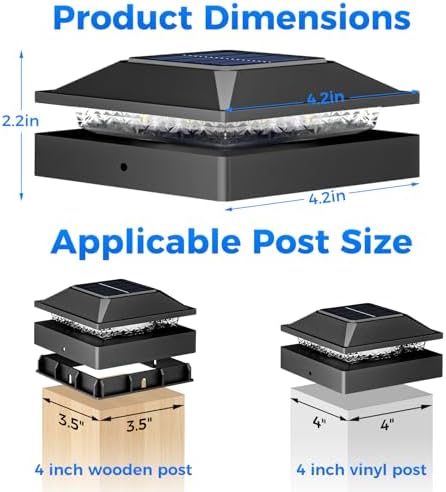Peasur 4x4 Post Solar Lights 2 Pack, 2 Modes 16 LED Solar Post Cap Light Waterproof, Black Deck Fence Post Solar Lights Powered Outdoor, Fit 4x4 Wood/Vinyl Posts for Porch Patio - Image 5