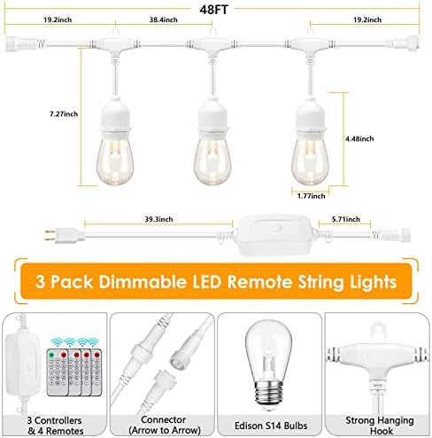 Mlambert 144FT(3x48FT) 3 Colors LED Outdoor String Light with Remote, White - Image 4