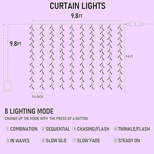 Dazzle Bright 300 LED Christmas Curtain String Lights, Halloween Fairy Lights for Bedroom with 8 Lighting Modes, Waterproof Window Light Party Wedding Garden Wall Decor, Purple - Image 2