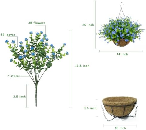 Artificial Hanging Flowers Basket, 12 UV-Resistant Bundles of Realistic Fake Flowers, Faux Plants for Outdoor Decor, Home, Garden, Porch, Patio, Spring & Summer Decorations, Blue - Image 4