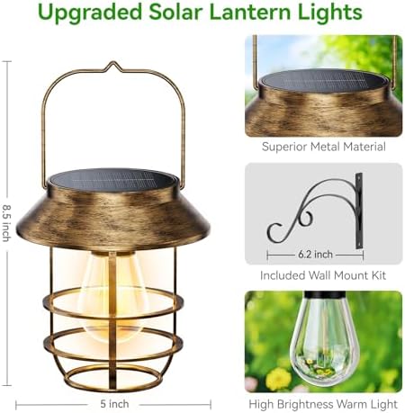 4 Pack Solar Lanterns Outdoor Waterproof, Metal Hanging Lantern, Bronze - Image 3