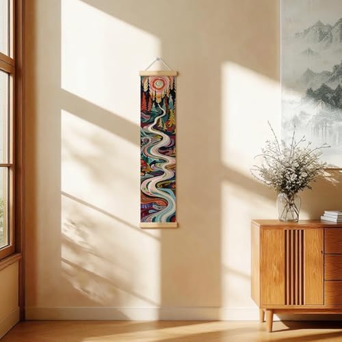 Forest River Porch Decor Banner, 31.5 x 7.8 Inch Canvas Hanging Banner with Wooden Rods, Colorful Mountain Landscape Wall Accent for Cabin Entryway, Patio, Indoor Outdoor Display - Image 3