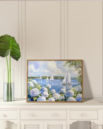 Vintage Blue Hydrangea Sailboat Framed Canvas Wall Art, 12x16 Summer Lake House Coastal Decor, Nautical Floral Landscape Painting Artwork for Living Room Bedroom Office Cottage Beach House - Image 6