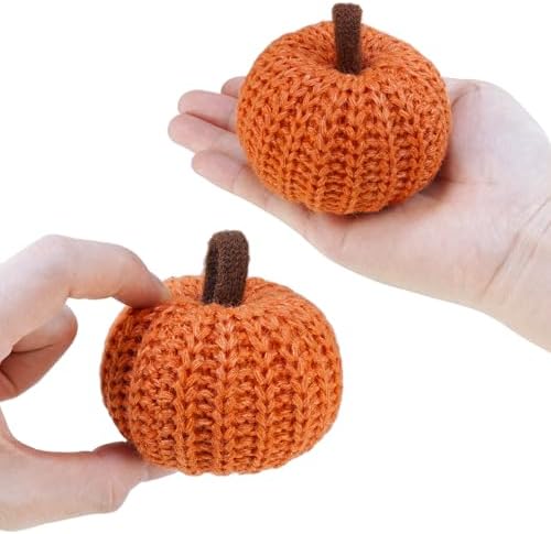 Winlyn Set of 6 Faux Fall Orange Crochet Pumpkins - Small Knit Foam Pumpkins for Rustic Farmhouse Decor, Harvest, Thanksgiving, Halloween, Autumn Table, Bowl, Tiered Tray, Mantel - Image 3