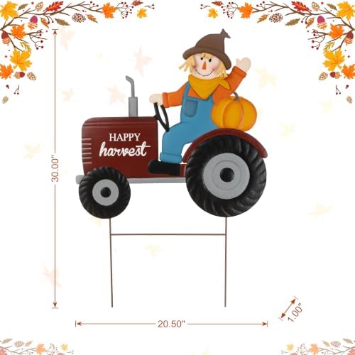 Glitzhome Fall Outdoor Decorations, 30"H Fall Scarecrow Tractor Yard Stake Decor, Happy Harvest Thanksgiving Outdoor Decorations,Metal Tractor Pumpkin Sign Decoration for Lawn Pathway Front Door Porch - Image 6