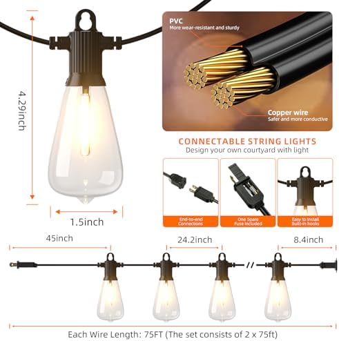 Kawaya Outdoor Lights String LED Patio Lights: 150FT Waterproof Commercial Grade Vintage String Lights for Outside - 72+3 Shatterproof ST38 Edison Bulbs for Porch Bistro Backyard Cafe (75FTx2) - Image 6
