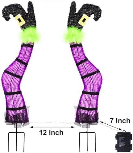 Juegoal Set of 2 Halloween Lighted Wicked Purple Witch Legs with Stakes, 22" Light Up Tinsel Halloween Yard Sign Prop Timer & 8 Modes, Battery Operated for Outdoor Party Haunted House Garden Decor - Image 6