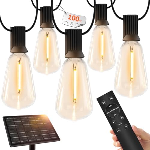 100 FT Solar String Lights Outdoor Waterproof with Remote & USB Port, Solar Power Patio Hanging Lights with Dimmer, Shatterproof LED Edison Bulb Outdoor String Lights for Outside Cafe Yard Fence by YOYONACY