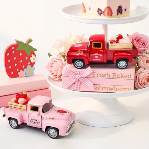 Strawberry Decor Red Vintage Truck with Mini Strawberries and Wooden Crate - Image 4
