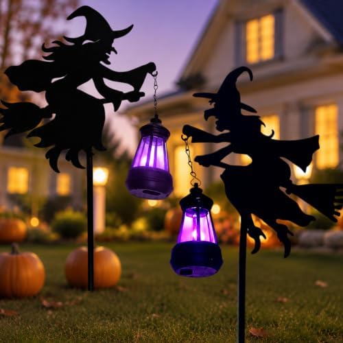 Halloween Witches Outdoor Solar Lanterns 2 Pack - Halloween Decorations Outdoor Witch Statue, Solar Garden Stakes, Metal Yard Decor, Whimsical Decor for Patio (Purple Light) by PowerUpwiththeSun