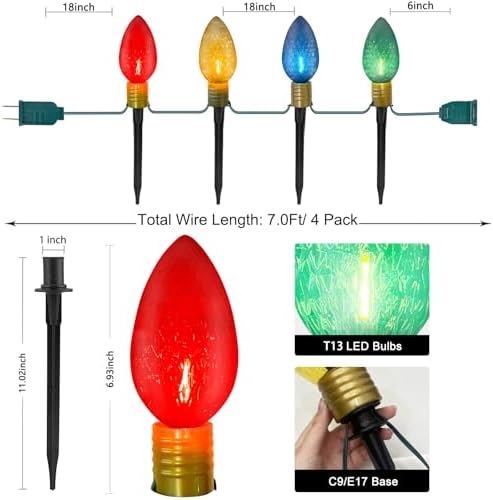 SUNSGNE C9 Christmas Pathway Lights Outdoor, 7FT Giant Outdoor Christmas Lights with 4 LED Jumbo Xmas Bulbs for Outside Yard Lawn Sidewalk Walkway Garden Decor - Image 2