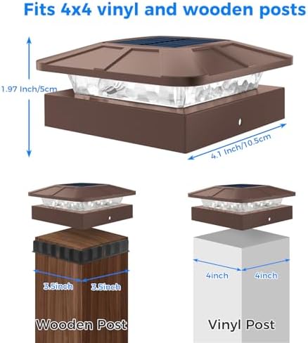 Peasur 4x4 Solar Post Cap Lights Outdoor with 3 Modes, 2 Packs Brown Fence Light Solar Powered Waterproof for 4x4 3.5x3.5 Wood/Vinyl Posts for Deck Yard Garden Patio Outside - Image 3