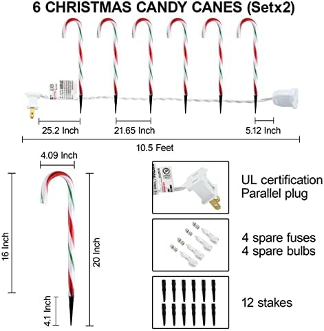GAGALIFE 16-inch Candy Cane Lights, Outdoor Christmas Pathway Markers, 12 Pack with 72 Lights, 21 feet Total Length for Driveway, Walkway, Yard, Garden, Red-Green - Image 2