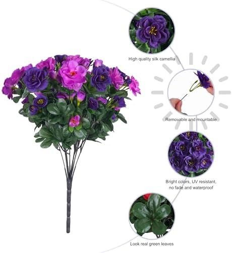 Artificial Faux Outdoor Flowers Plants for Spring Summer Decoration, Fake Silk Camellia UV Resistant Look Real for Planter Outside Front Door Porch Patio Balcony, 3 Large Bundles (Purple+Fuchsia) - Image 5
