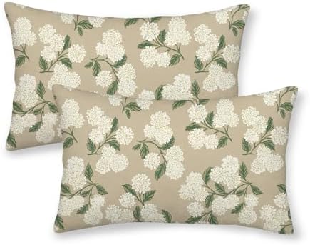 Beige Spring Pillow Covers 12x20 Inch 2 Pcs Khaki Green Hydrangea Flower Decor Throw Pillows Vintage Floral Seasonal Summer Outdoor Decoration Pillowcase Linen Cushion Cover for Couch Sofa by DAFENA