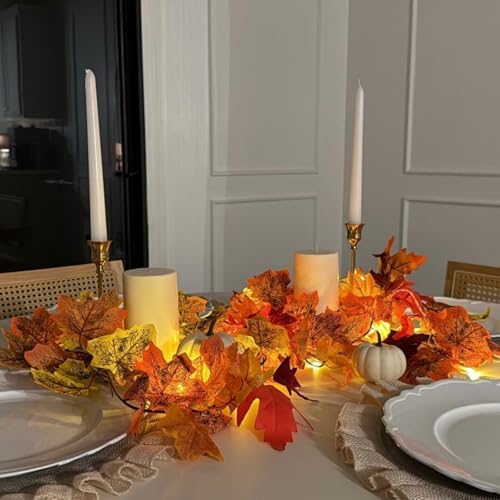 CQURE 6 Pack Fall Leaf Garland with Lights,Fall Decor Halloween Lights Artificial Maple Leaves Autumn Garland Hanging Vines Thanksgiving Decor for Home Christmas Autumn - Image 2