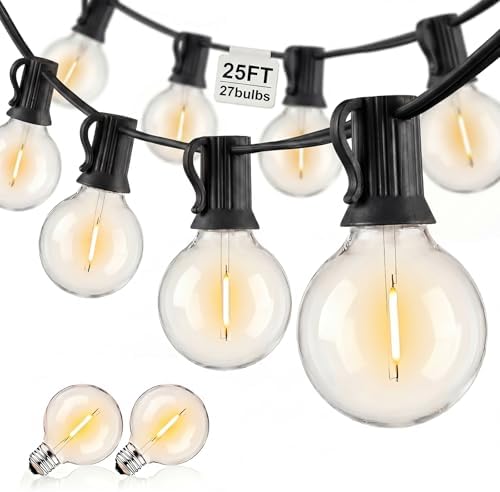 Abeja 25FT G40 Outdoor String Lights, Black Wire Globe Patio Lightss with 27 LED Plastic Bulbs(2 Spare), Waterproof Hanging Backyard Lights for Porch Balcony Party Decor, Warm White by Abeja