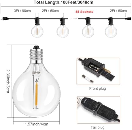 Outdoor String Lights, 100FT with 48 LED G40 Bulbs, Waterproof,Cord Powered - Image 2