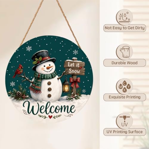 Winter Welcome Sign for Front Door Decor Christmas Snowflake Snowman Round Outdoor Hanging Wooden Door Sign for Porch Xmas Holiday Farmhouse Wreath Hanger Sign for Outside Indoor Wall Decoration 12"X12" - Image 3