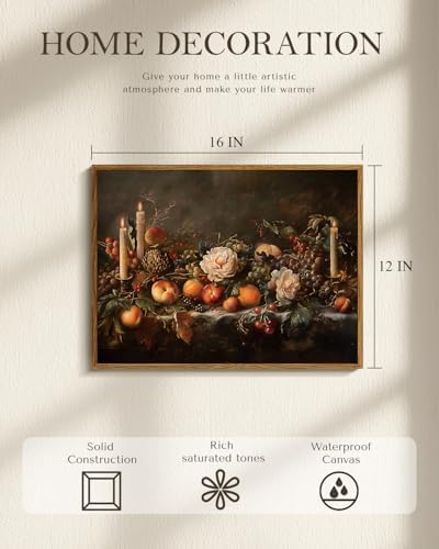 Vintage Framed Autumn Still Life Thanksgiving Wall Art 12x16 Fruits Candles Oil Painting, Rustic Classic Fall Peaches Grapes Canvas Print, Harvest Farmhouse Kitchen Dining Room Decor - Image 2