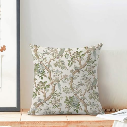 CXMEIFLY Chinoiserie Spring Pillow Covers 18 x 18 Inch Set of 2 for Sage Green Blue Vintage Flowers Bird Decor Throw Pillows Plant Farmhouse Outdoor Decorative Cushion Cases for Couch Bed Decorations - Image 3