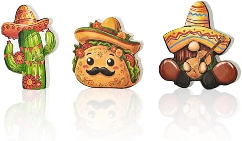 Smile Cinco De Mayo Wooden Tabletop Wooden Decor Set of 3 Mexican Fiesta Figurines (Gnome, Cactus, Taco) for Tiered Tray & Party Display by Sme