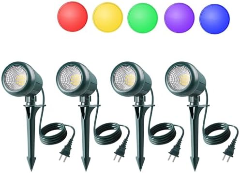 Christmas Spotlights Outdoor, 120V Plug-in Halloween Spot Light, 5000K LED Landscape Lighting with 5 Color Lenses (Red Green Blue Purple Yellow), IP67 Waterproof, 4 Pack by Unknown