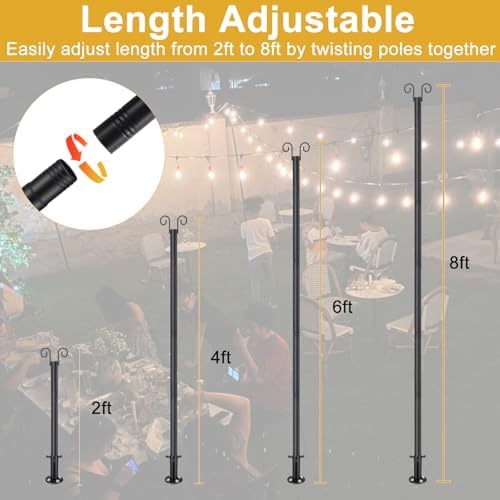 String Light Poles for Outside Deck 2 Pack 8FTHeavy Duty Metal Garden Outdoor Light Poles for Solar String Light Bulbs Hanging Kit for Yard Garden Fence Post Deck Party Wedding - Image 5