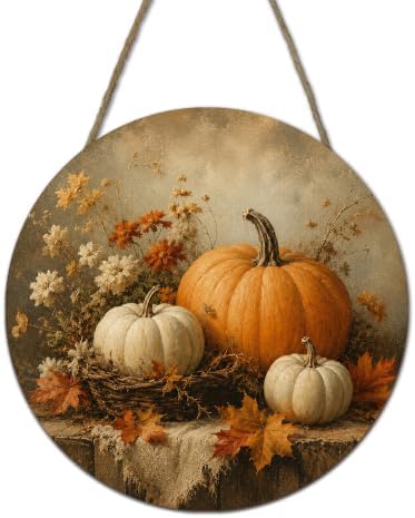 Fall Halloween Round Door Sign, 10 Inch Wooden Hanging Plaque with Rope, Rustic Autumn Wall Decor for Home Porch Entryway Halloween Party Decoration - A01 by Yhtmbf