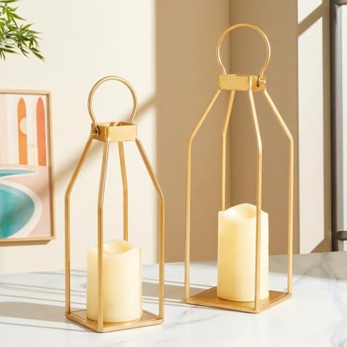 Perfnique Modern Farmhouse Lantern Decor, 15'' 12.6'' Set of 2 Gold Metal Lanterns, 2 LED 6hr Timer Flameless Candles ＆ Remote Timer, Lanterns Decorative for Outdoor, Porch, Fireplace, Patio by PERFNIQUE