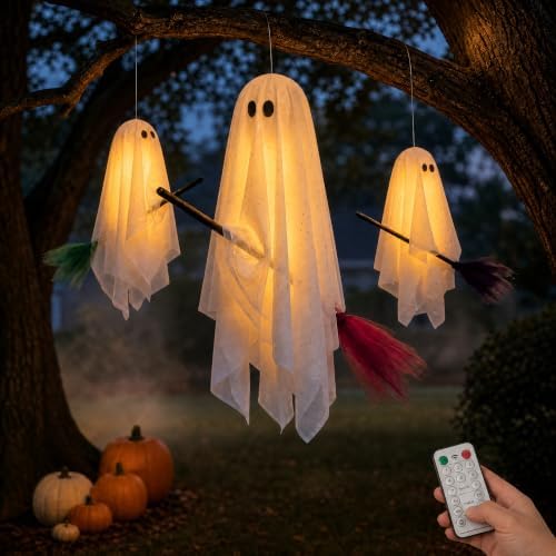 Halloween Decorations Outdoor, 3 Pack Hanging Light Up Ghosts on Brooms by PEJOURI