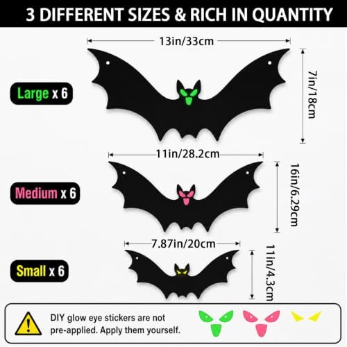 18 Pcs Hanging Bats Halloween Wall Decoration Outside Flying Plastic Bat 3 Size with Eyes Sticker Outdoor Decor for Hanging in The Tree, Porch, Yard, Lawn, Indoor (Bat) - Image 3