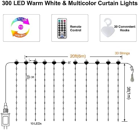 ZAIYW 20Ftx3Ft Curtain Lights Outdoor LED Fence Lights with Remote Timer - Image 4